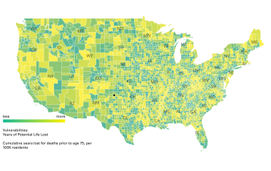 One of seven vulnerability metrics mapped: Years of Potential Life Lost by county, percentile ranked by state