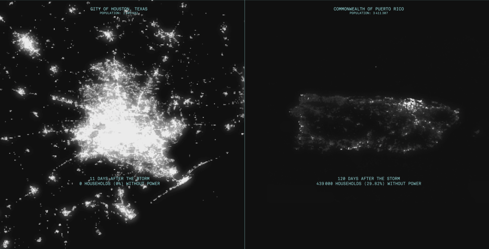 A comparison of nighttime lights between Houston after hurricane Harvey and Puerto Rico after hurricane Maria