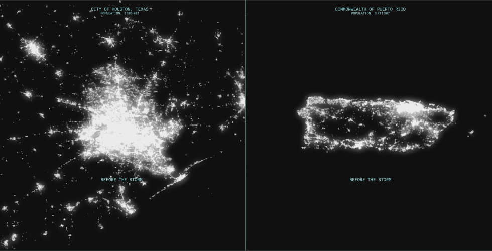 A comparison of nighttime lights between Houston after hurricane Harvey and Puerto Rico before hurricane Maria