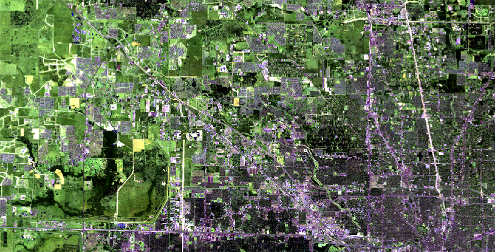 False-color image of flood-prone Houston suburbs