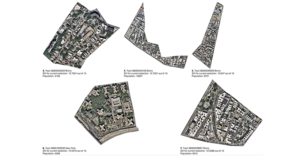 Satellite images of Census tracts sorted by different vulnerability metrics