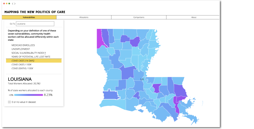 Allocating community health workers, county by county based on COVID-19 cases or each other type of vulnerability