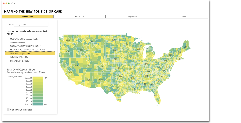 New COVID-19 cases in the past 14 days by county, percentile ranked within states